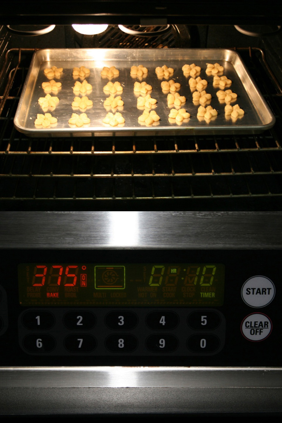 Putting the cookies into the oven
