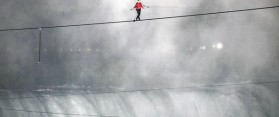 Nik Wallenda makes his historic walk on a wire across Niagara Falls.
