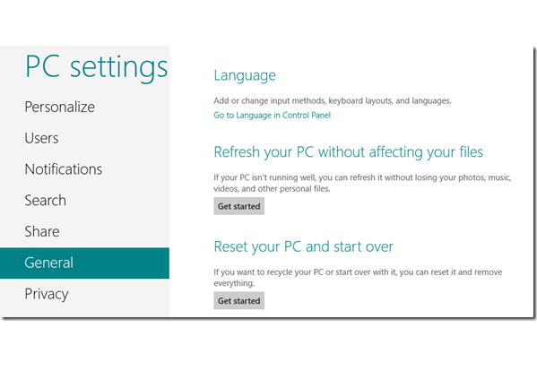 refresh and reset option in windows 8