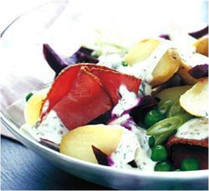 Warm New Potato Salad with Beetroot and Pastrami Recipe