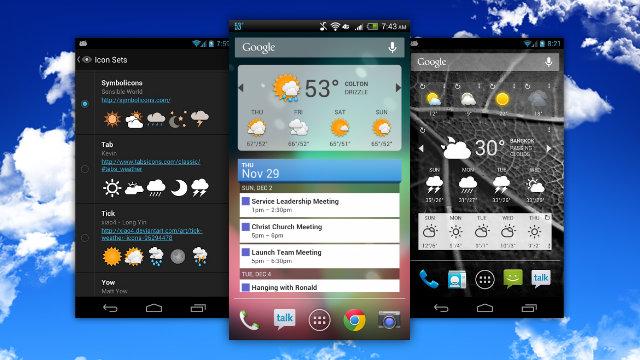 Android-powered smartphones displaying widgets