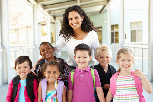 Schoolchildren Standing Outside With Teacher