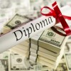diploma with ribbon and stacks of one hundred dollar notes
