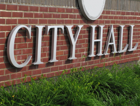 City Hall Sign Brick Wall Close Up